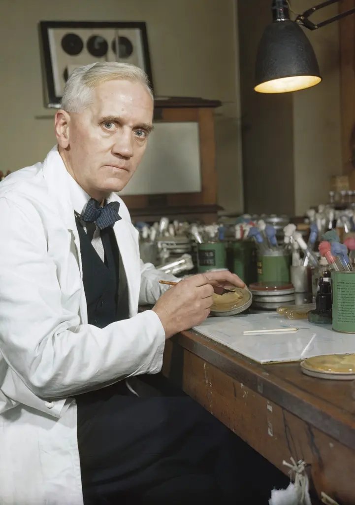 Alexander Fleming în laboratorul său de la spitalul St Mary's din Paddington, Londra, fotografiat în 1943