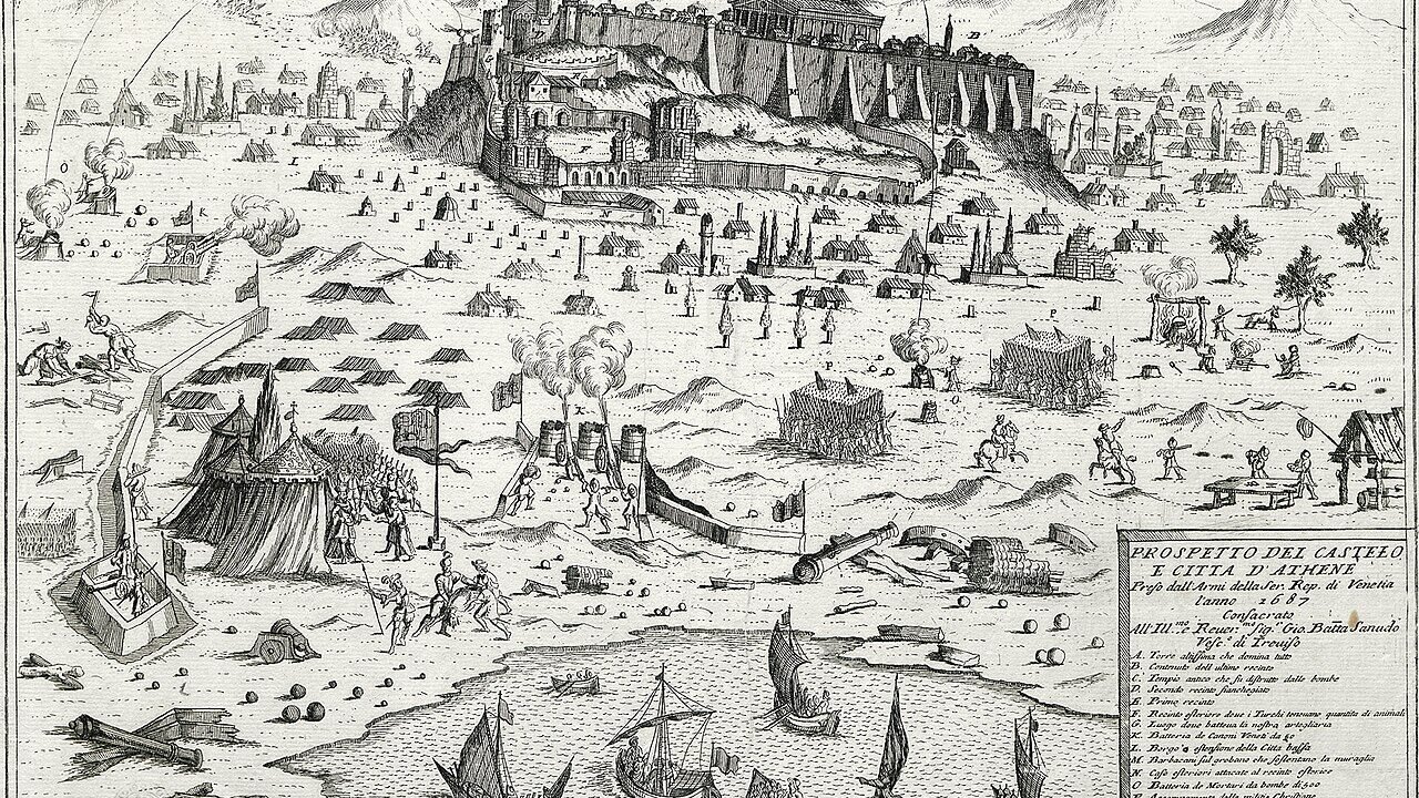 Reprezentare de epocă a asediului venețian al Acropolei Atenei, 1687