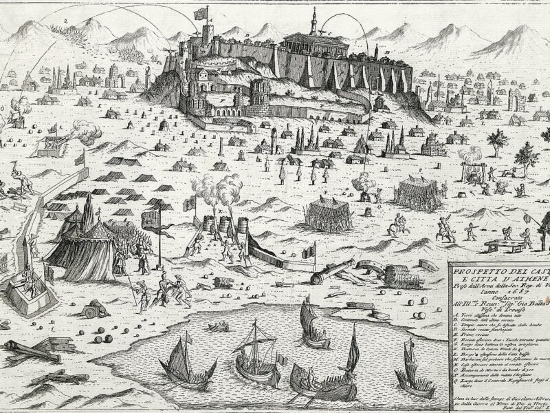 Reprezentare de epocă a asediului venețian al Acropolei Atenei, 1687