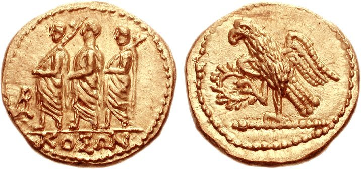 Stater de aur de tip koson, cu un magistrat roman între doi lictori și cu un vultur care ține o cunună