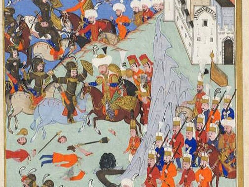 Miniatură otomană înfățișând bătălia de la Nicopole, cu sultanul Baiazid I și oastea otomană