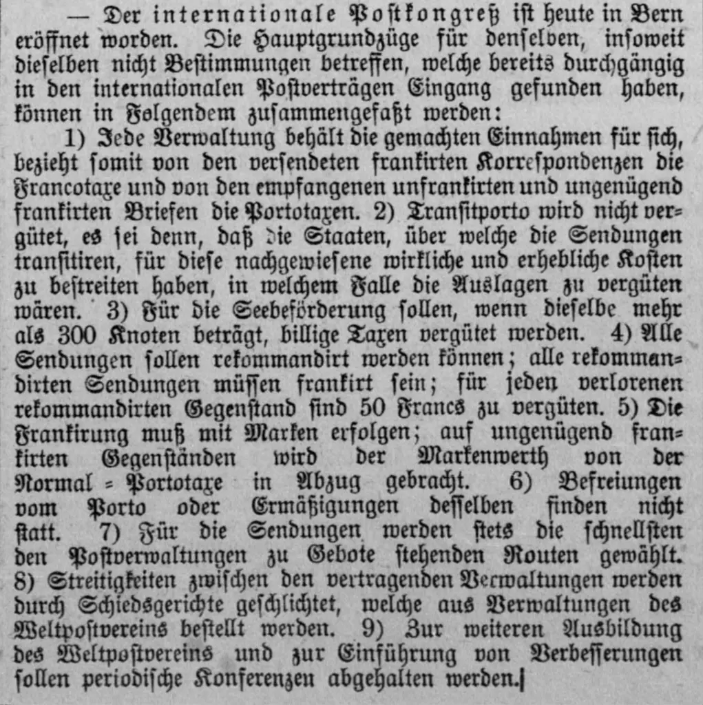 Pagină de ziar german din 1874 care anunță deschiderea congresului poștal de la Berna