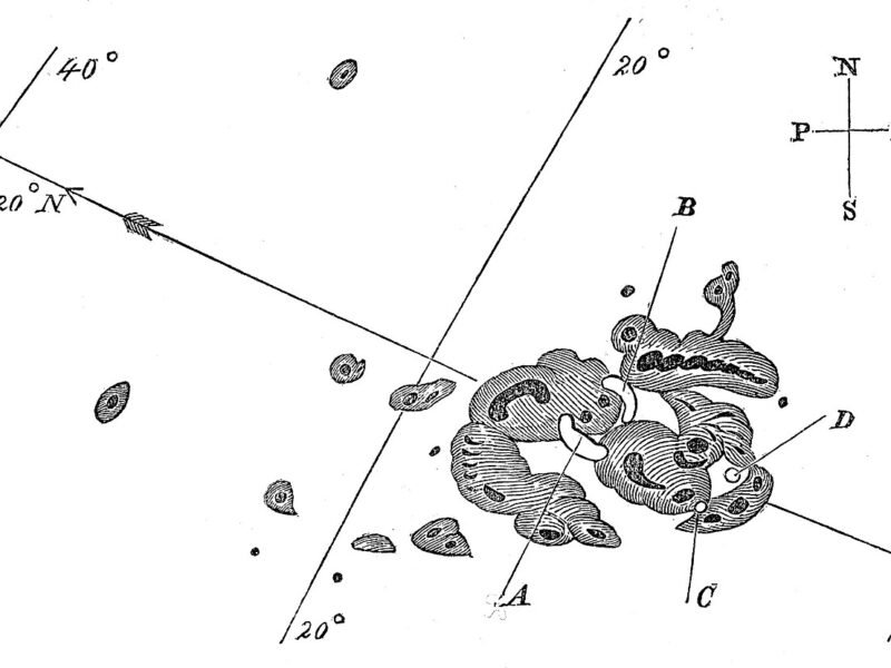 Desen alb-negru realizat de Richard Carrington, cu petele solare complexe observate pe Soare în 1859
