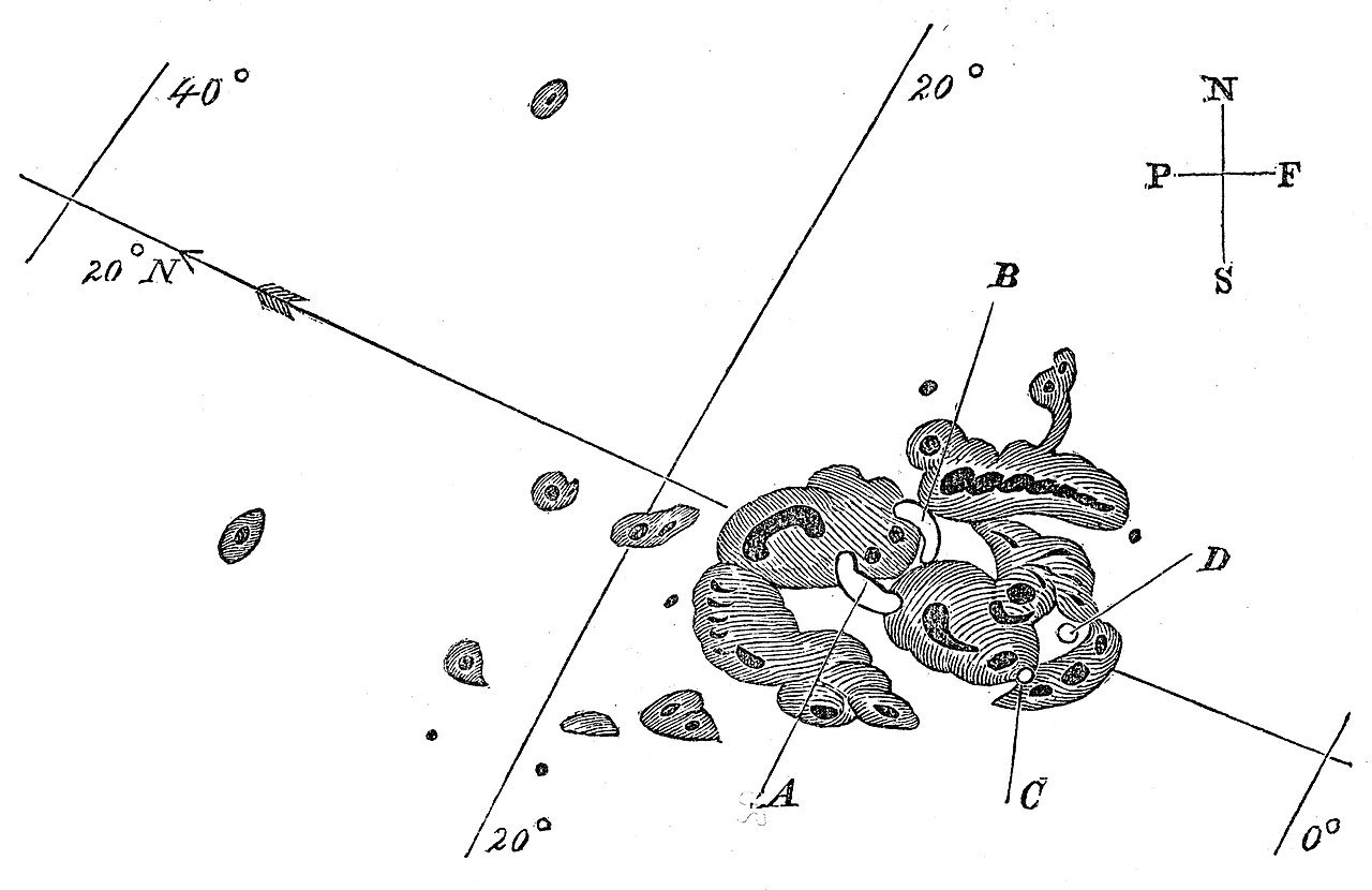 Desen alb-negru realizat de Richard Carrington, cu petele solare complexe observate pe Soare în 1859