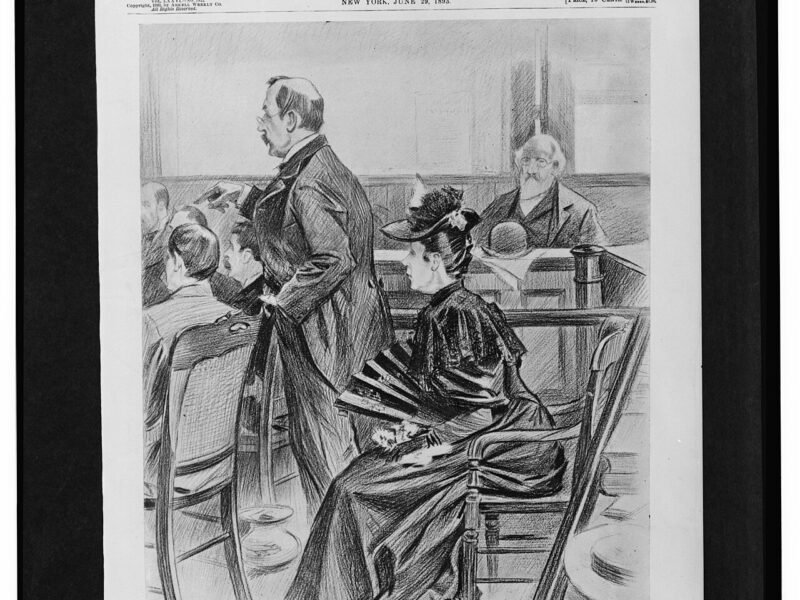 Lizzie Borden stă în sala de judecată lângă avocatul ei, în timpul procesului din 1893