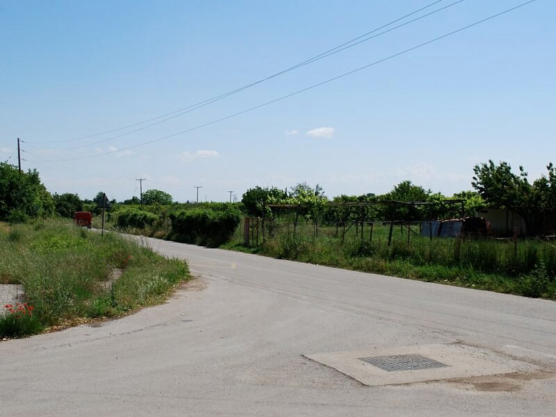 Vedere asupra sitului de lângă Mieza, cu terase de piatră și vegetație, unde tradiția plasează școala lui Aristotel