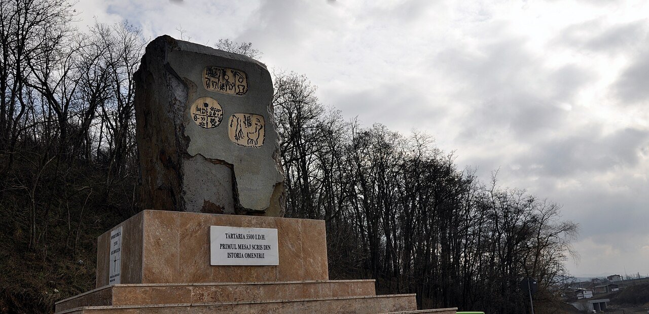 Monumentul dedicat tăblițelor neolitice, ridicat în satul Tărtăria din județul Alba
