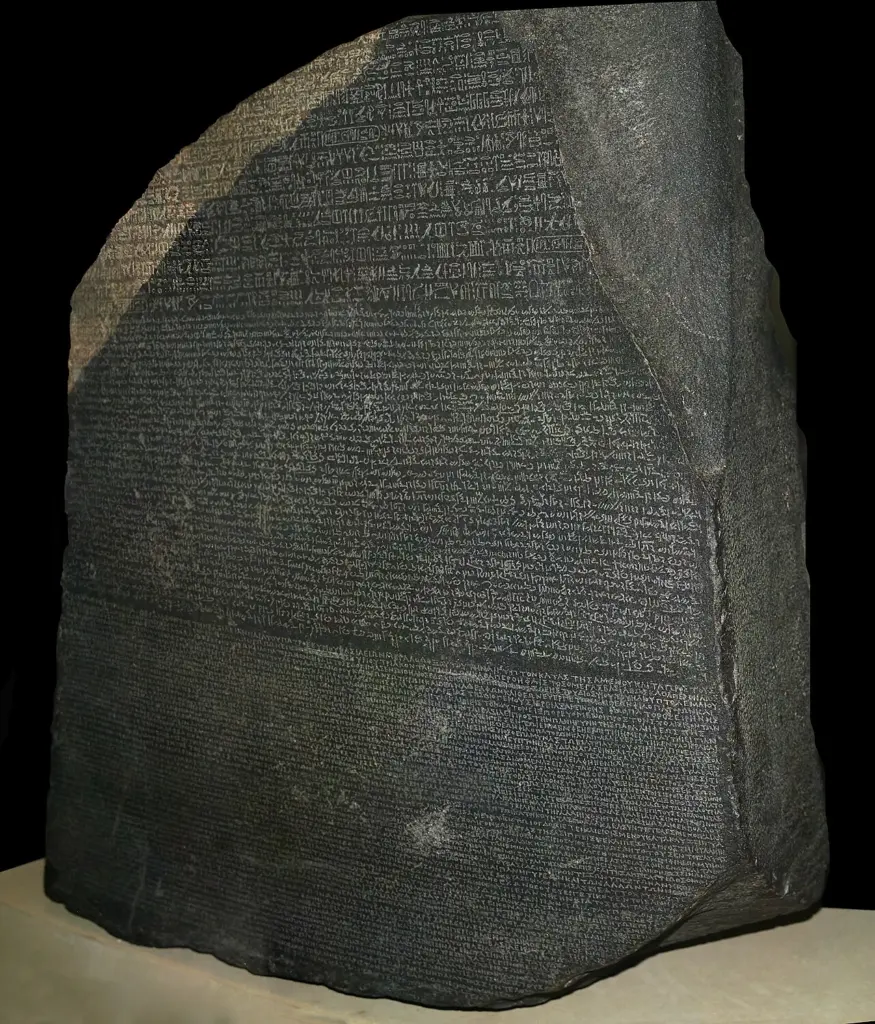Piatra din Rosetta expusă la British Museum, cu cele trei registre de scriere