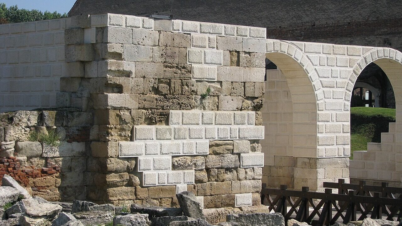 Ruinele degajate ale porții de sud a castrului roman Apulum, la Alba Iulia
