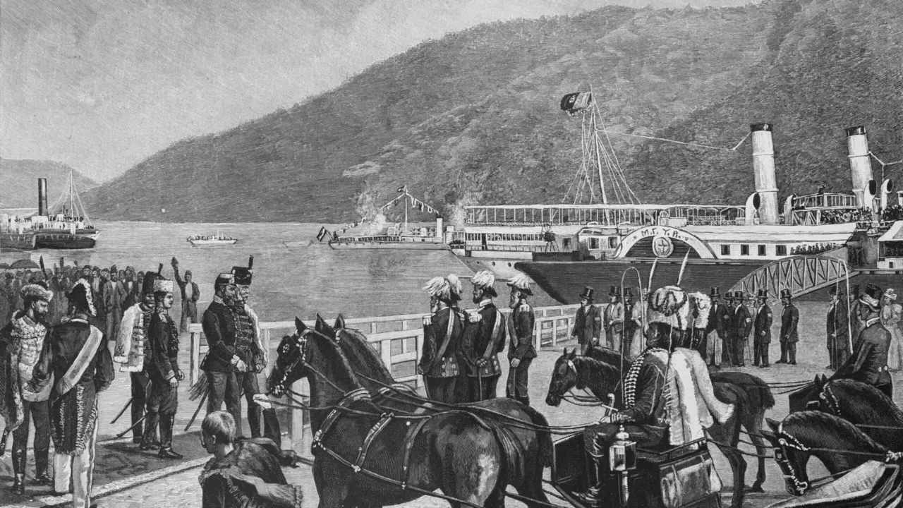 Gravură din 1896 cu suveranii pe pontonul de la Orșova, la deschiderea Porților de Fier
