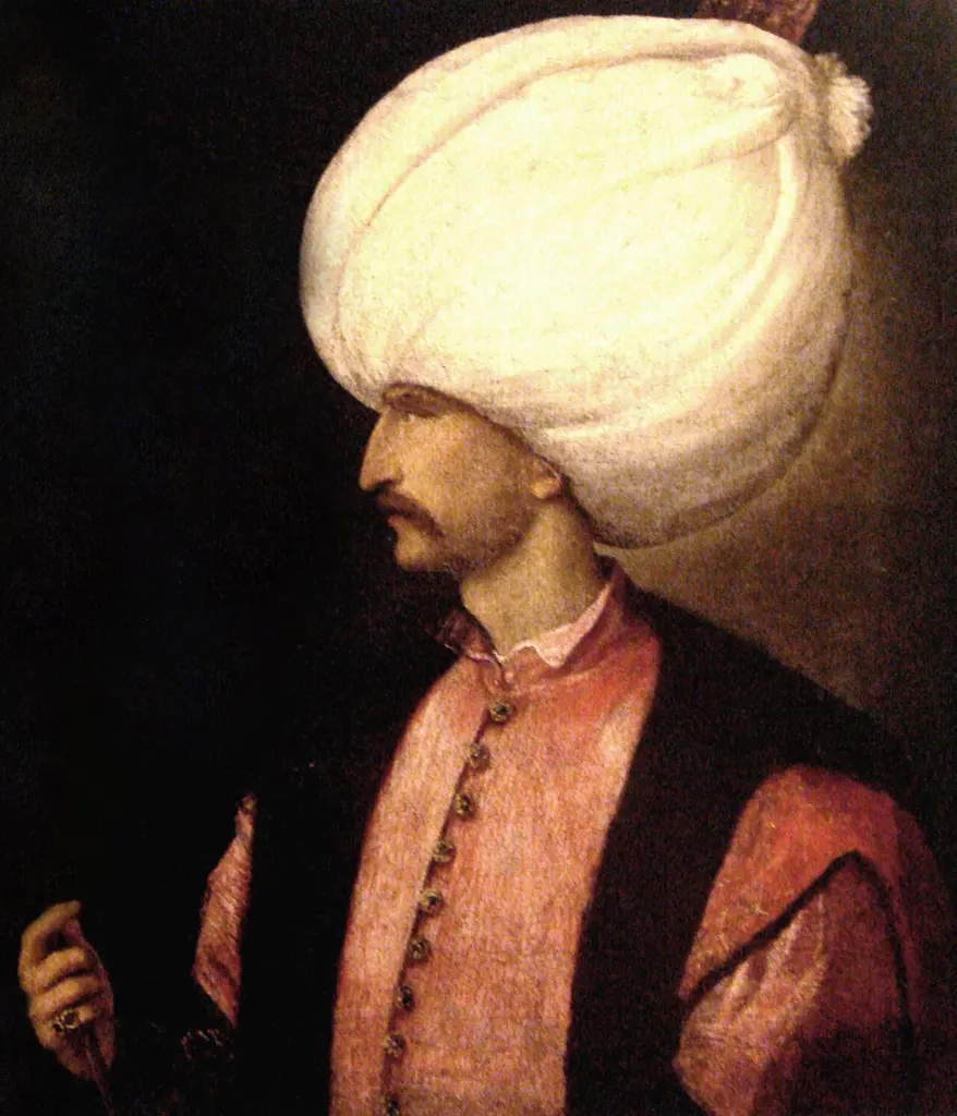 Portret în ulei al sultanului Soliman Magnificul, cu turban alb, atribuit cercului lui Titian