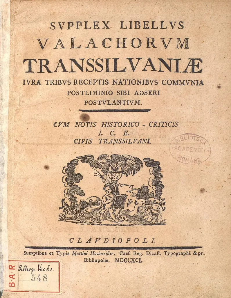 Pagina de titlu tipărită a memoriului Supplex Libellus Valachorum Transsilvaniae, Cluj, 1791