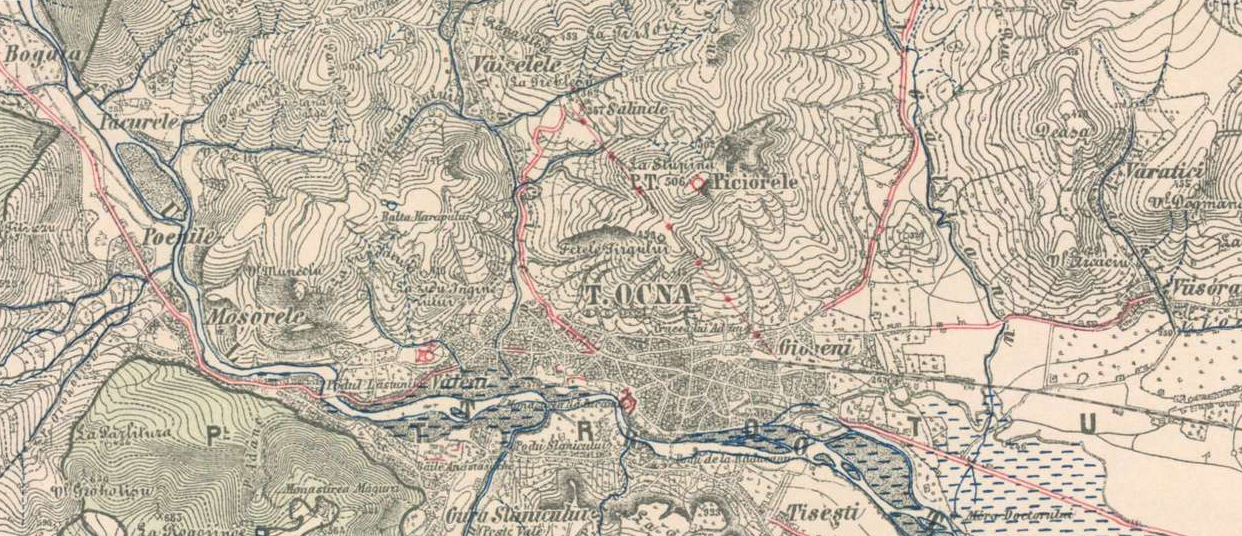 Hartă militară austro-ungară din secolul al XIX-lea cu orașul Târgu Ocna, gara și traseul funicularului spre salină