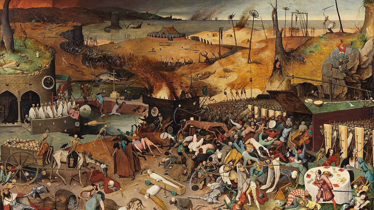 Tabloul Triumful morții de Pieter Bruegel cel Bătrân, cu o armată de schelete care trece peste un peisaj pustiit