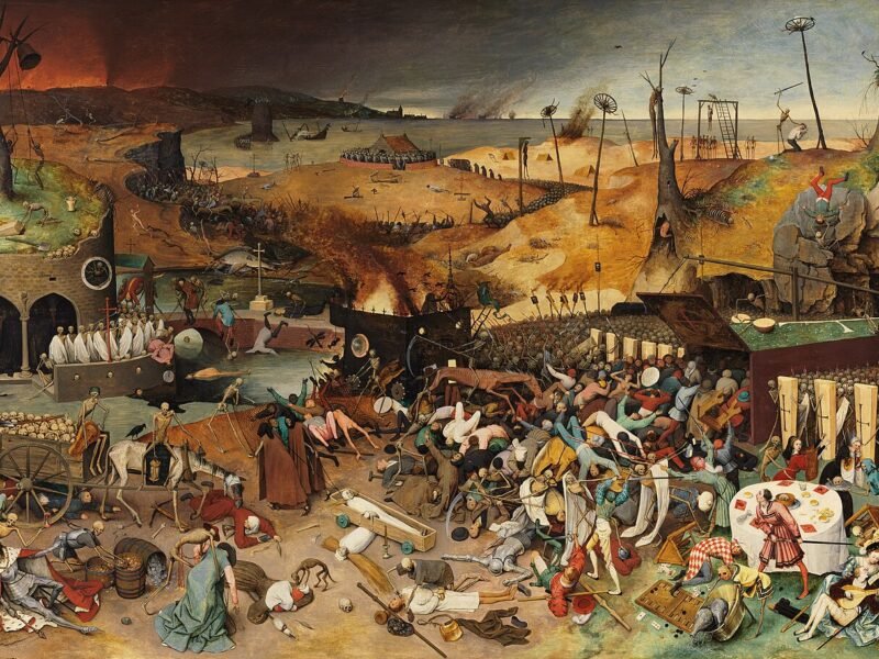 Tabloul Triumful morții de Pieter Bruegel cel Bătrân, cu o armată de schelete care trece peste un peisaj pustiit