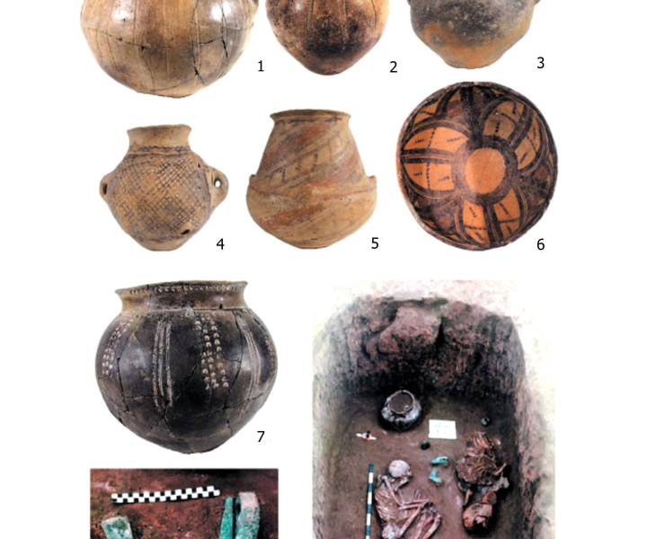 Planșă cu vase ceramice, piese de metal și un mormânt din cultura Usatovo