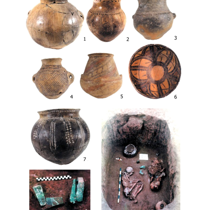 Planșă cu vase ceramice, piese de metal și un mormânt din cultura Usatovo