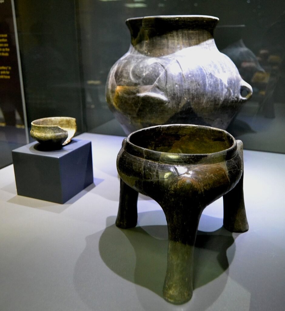 Vase de lut ale culturii Vinča expuse într-o vitrină de muzeu