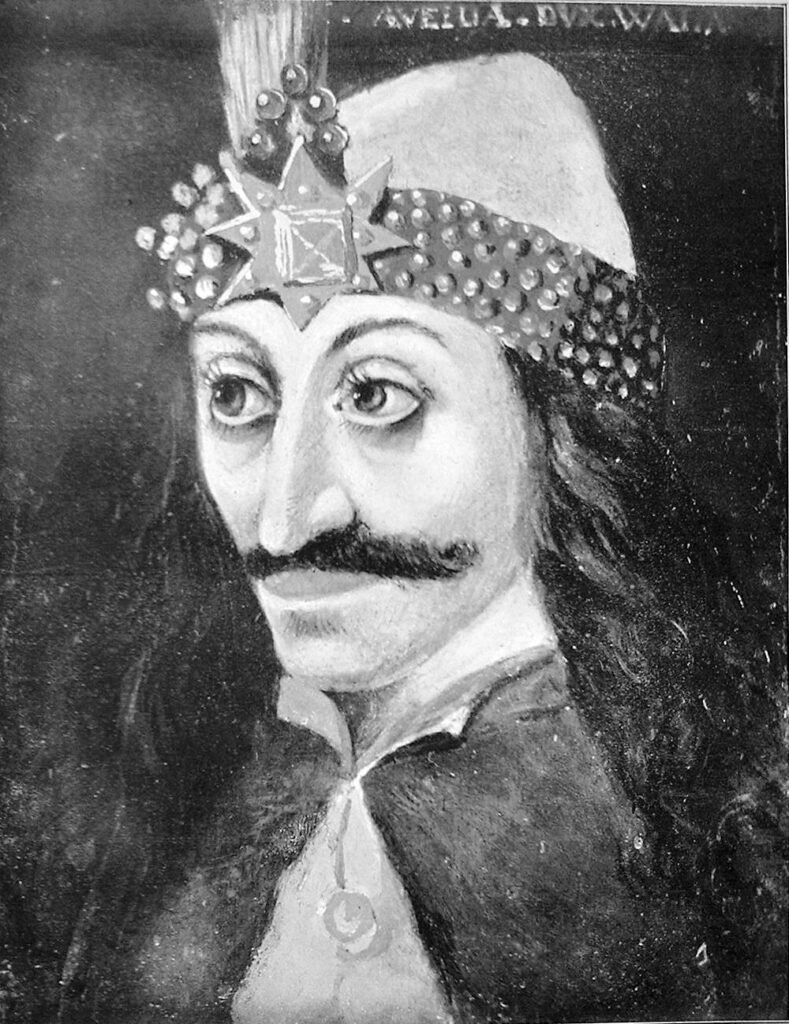 Portret pictat al lui Vlad Țepeș, bust, cu pălărie împodobită și părul lung
