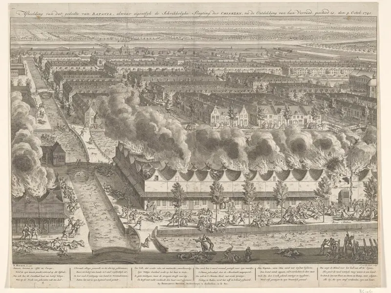Gravură din 1741: vedere din zbor de pasăre asupra canalelor și străzilor unei părți din Batavia, cu titlu tipărit în olandeză.