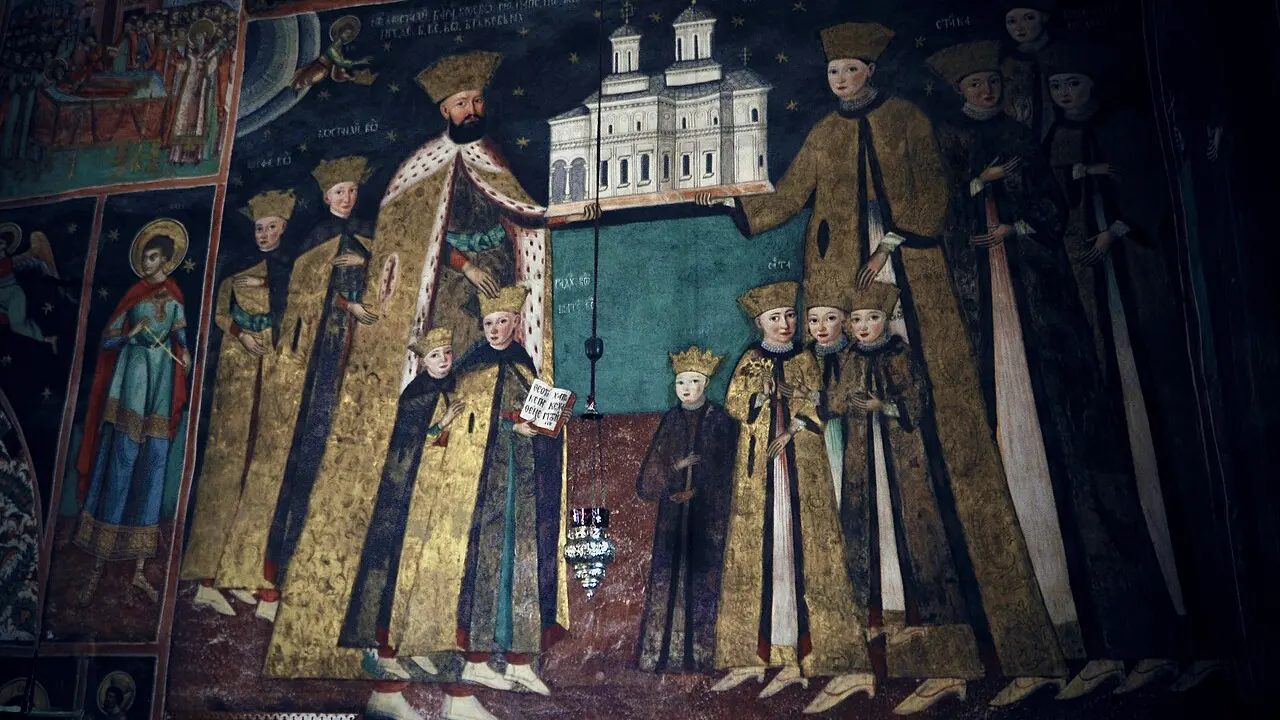 Pictură murală din 1709 la mănăstirea Hurezi, cu Constantin Brâncoveanu și familia lui ca ctitori