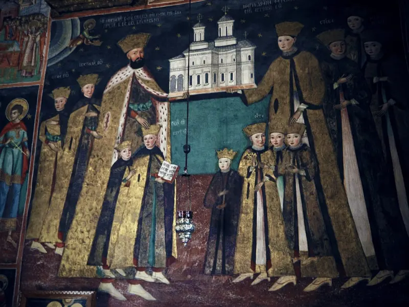 Pictură murală din 1709 la mănăstirea Hurezi, cu Constantin Brâncoveanu și familia lui ca ctitori