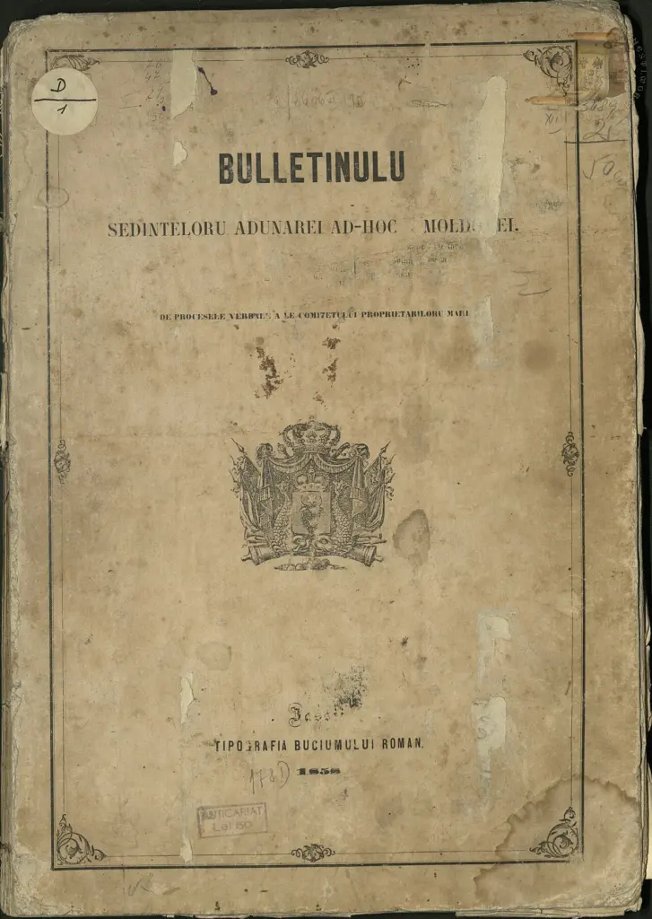 Pagină de titlu tipărită a buletinului ședințelor Adunării ad-hoc a Moldovei