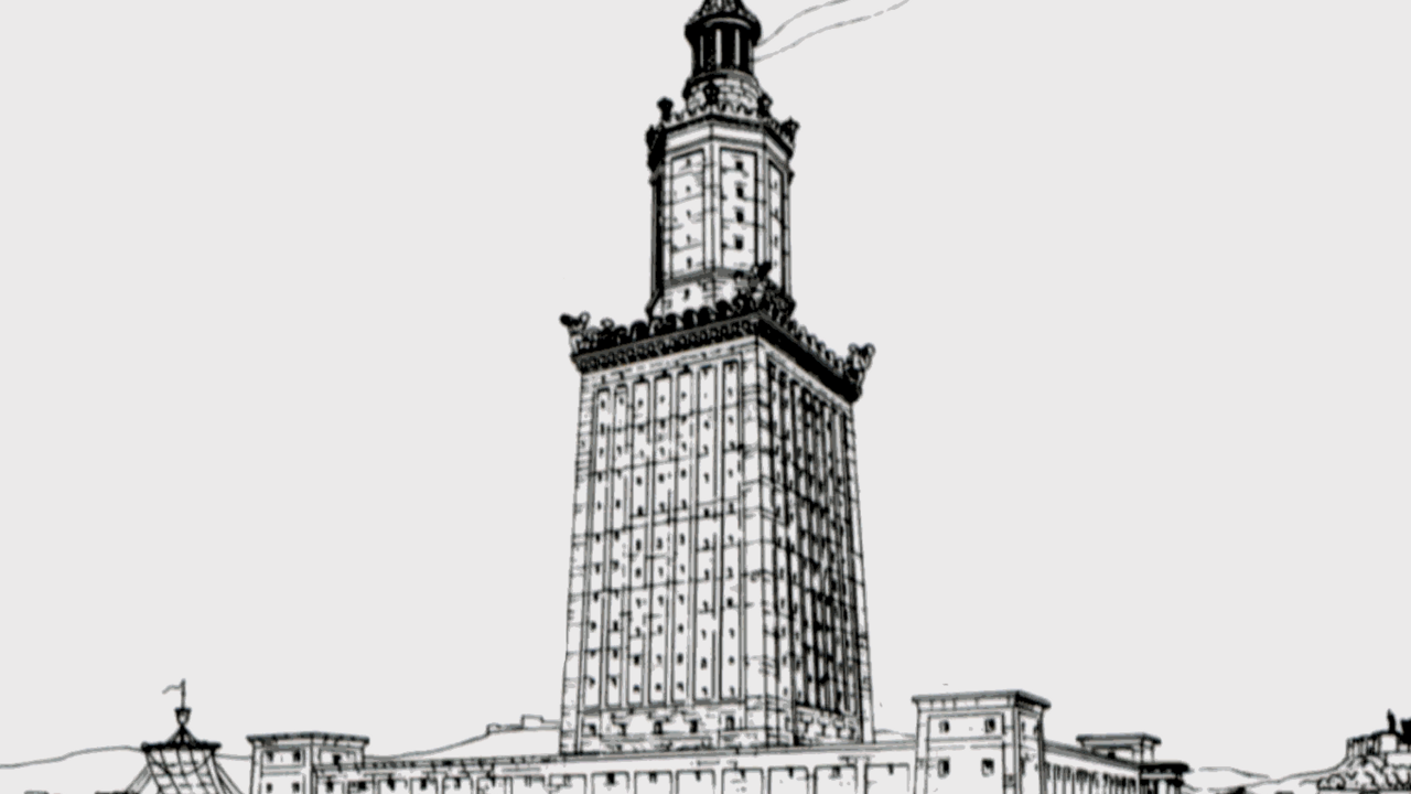 Desen de reconstituire a farului din Alexandria, pe trei niveluri, publicat în 1909
