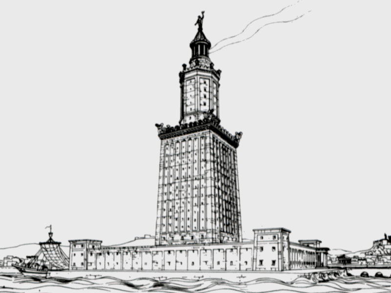 Desen de reconstituire a farului din Alexandria, pe trei niveluri, publicat în 1909
