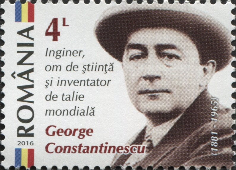 Timbru emis de Poșta Română cu portretul inventatorului George (Gogu) Constantinescu