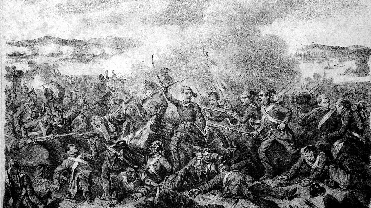 Litografie din 1853 cu bătălia de la Oltenița, între trupe otomane și ruse, pe teritoriul Țării Românești