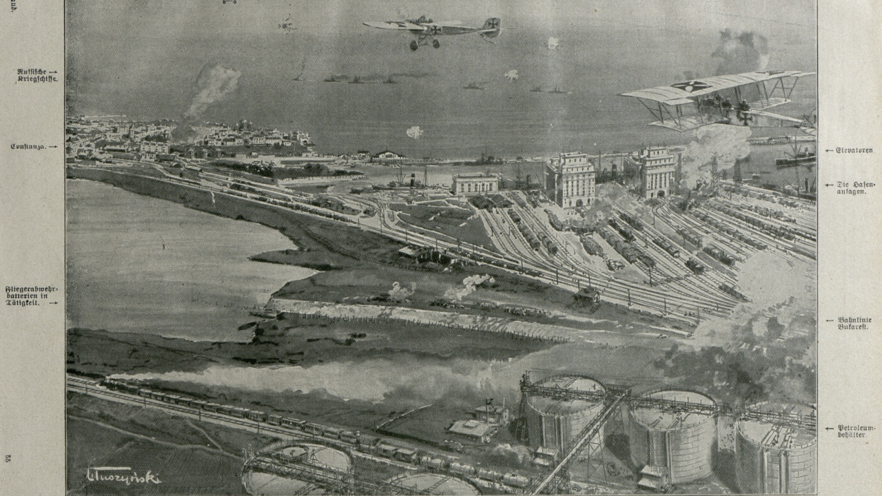 Ilustrație de epocă: avioane germane deasupra portului Constanța, 1916