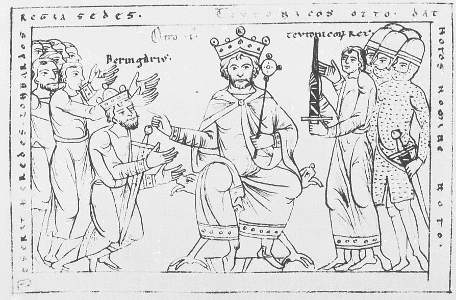 Miniatură medievală cu un rege încoronat pe tron și un bărbat îngenuncheat în fața lui