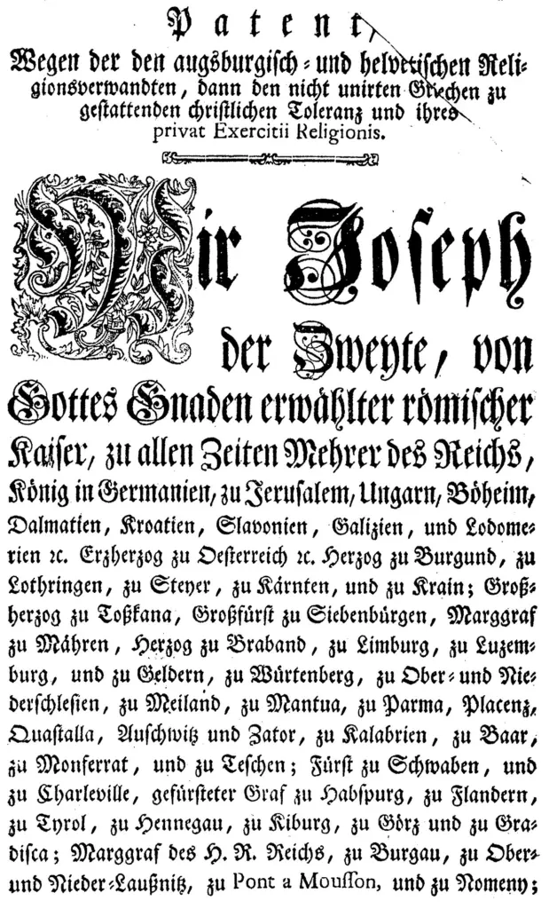 Prima pagină a Patentei de toleranță din 13 octombrie 1781