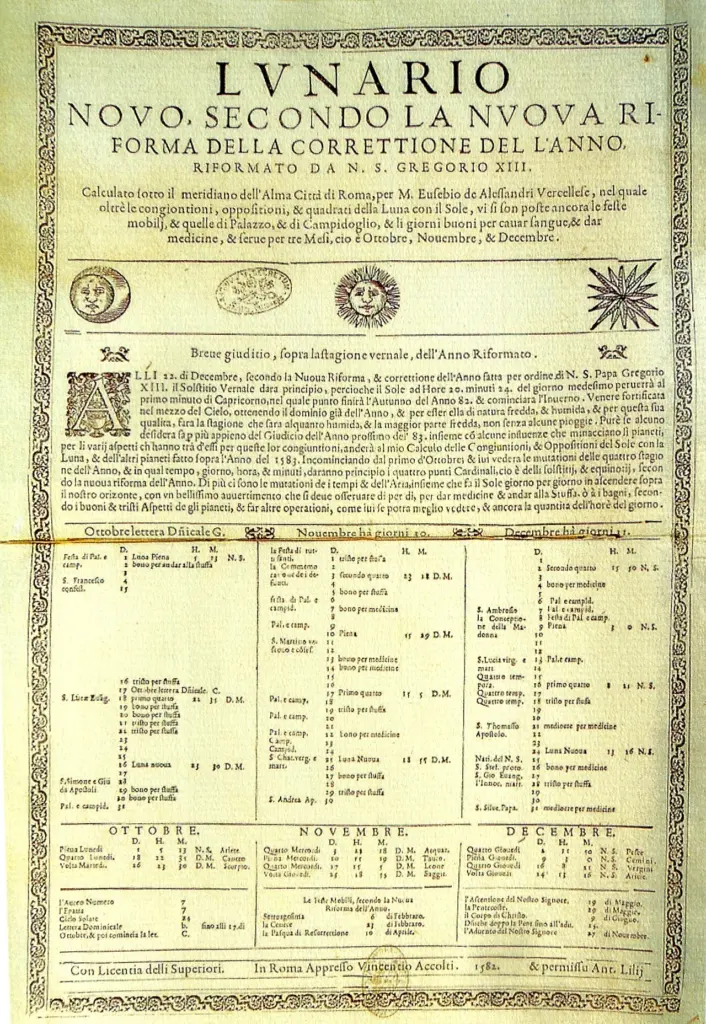Pagină din Lunariul Vaticanului pentru octombrie 1582, în care calendarul sare de la 4 la 15 octombrie