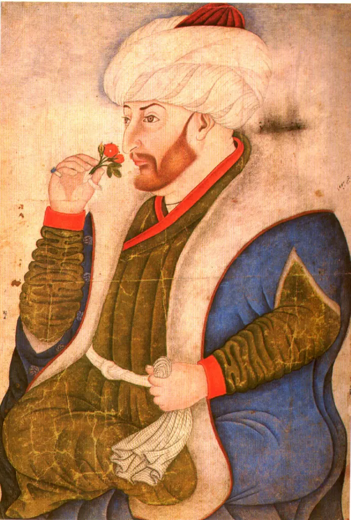 Miniatură otomană cu sultanul Mehmed al II-lea ținând un trandafir
