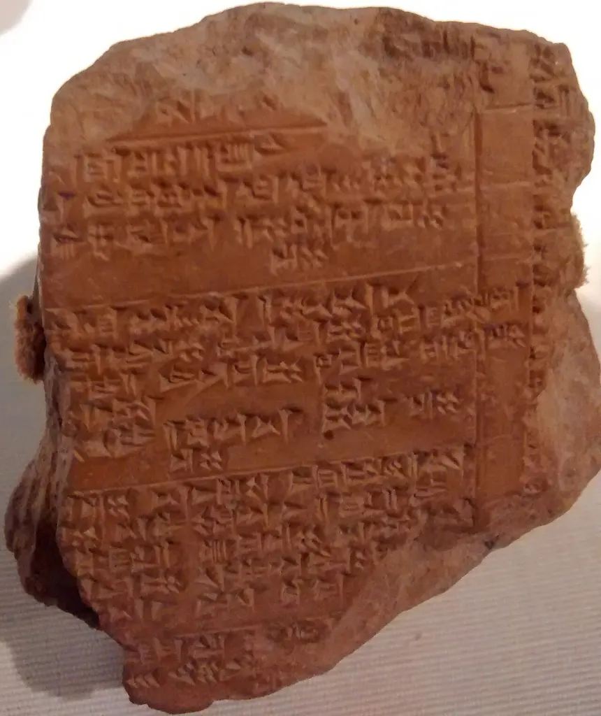 Tăbliță de lut ars cu scriere cuneiformă hitită, expusă într-un muzeu