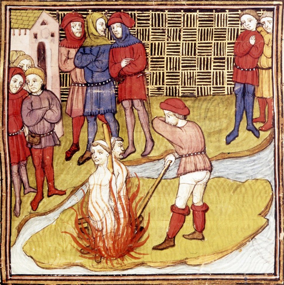 Miniatură medievală care arată doi templieri arși pe rug, în fața unor martori