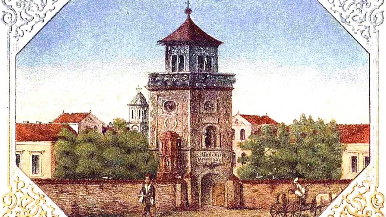 Acuarelă din 1845 cu ansamblul spitalului Colțea și Turnul Colței din București