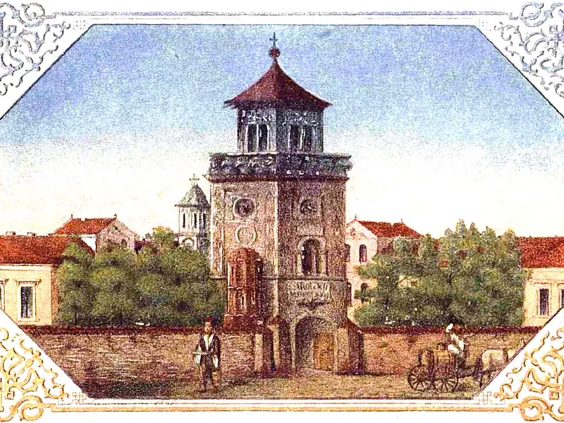 Acuarelă din 1845 cu ansamblul spitalului Colțea și Turnul Colței din București